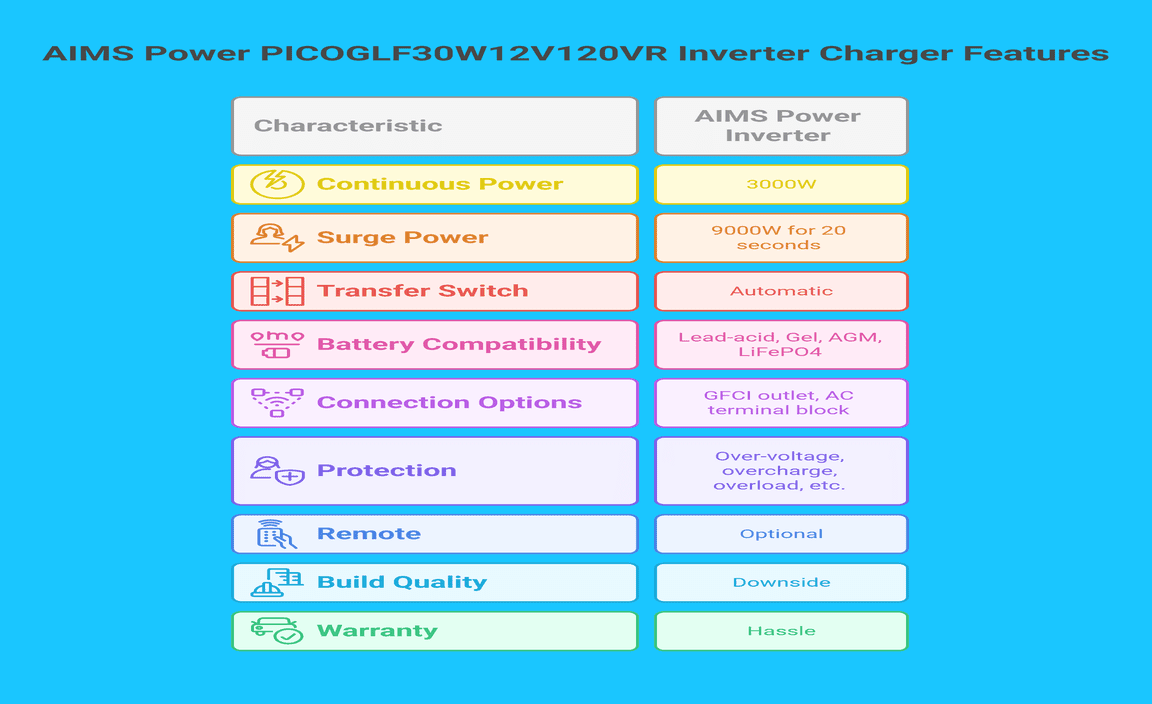 AIMS Power PICOGLF30W12V120VR 3000 Watt and 9000 Watt Surge 12VDC Input to 120VAC Output Pure Sine Inverter Charger Backup Power